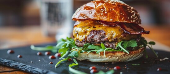 Closeup of a burger on black slate. - obrazy, fototapety, plakaty