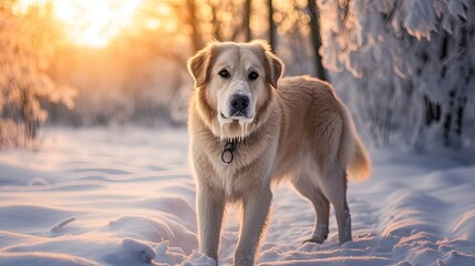 Golden retriever dog in the snow. The dog is lost. The dog froze in winter. Labrador dog in winter outside in white snow. Pets. A sad dog walks in winter.
