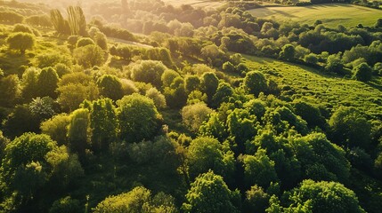 Drone view of amazing green forest with trees and bushes growing in countryside