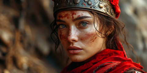 Ancient brave female warrior with helmet on the battlefield.