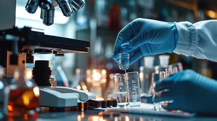 Fotobehang Crop view of hand of researcher in blue rubber gloves using medical equipment for doing test in laboratory © HM Design