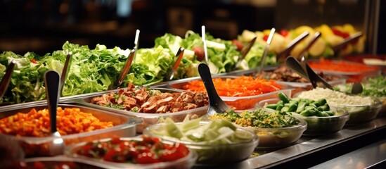 Open buffet with vegetables: salad bar. - obrazy, fototapety, plakaty