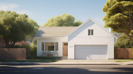 Fototapeta na wymiar Small white house exterior with garage on a sunny day