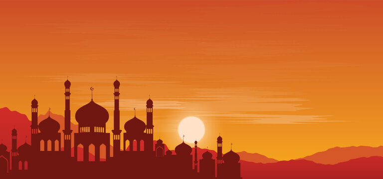 Skyline with minarets and domes of mosques. Sunret Eid mubarak and Ramadan kareem background. Islamic background
