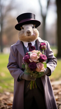 Anthropomorphic Groundhog in Suit Holding Flowers

