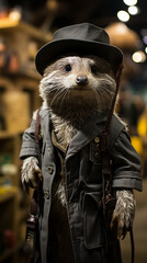 Obraz premium Anthropomorphic Otter Dressed as Detective in Hat and Trench Coat