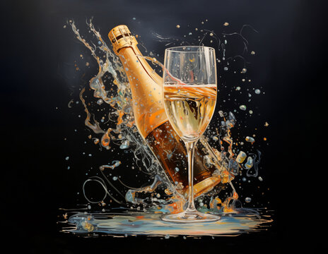 Champagne bottle and flute, stylized celebration painting