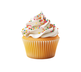Cupcake with vanilla frosting and sprinkles, isolated on white background
