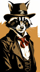 Anthropomorphic Raccoon in Vintage Attire Illustration

