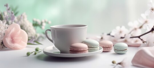 Spring pastel colors kitchen macaroons composition. Generative AI