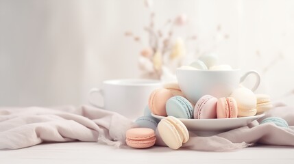 Fototapeta na wymiar Spring pastel colors kitchen macaroons composition. Generative AI