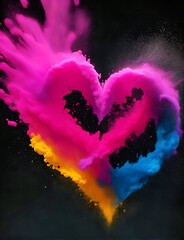 Heart Shaped Cloud of Colored Powder on Black Background