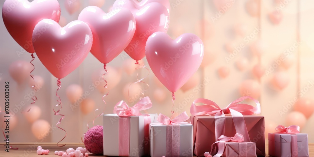 Aufkleber table decorated with an array of pink heart-shaped balloons for a generative ai