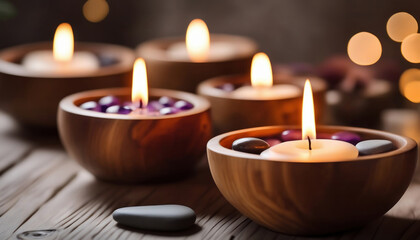 Fototapeta na wymiar Spa Entspannung mit Kerzen in Holzschalen und Steinen