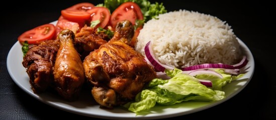 Senegalese Chicken with Onion, Salad, and Rice, Close Up.