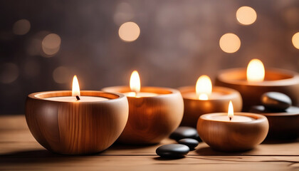 Obraz na płótnie Canvas Spa Entspannung mit Kerzen in Holzschalen und Steinen
