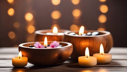 Spa Entspannung mit Kerzen in Holzschalen und Steinen