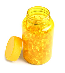 Bottle with fish oil capsules isolated on white background