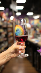 Close-up of Hand Holding Wine Glass in a Store

