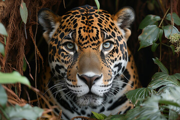 Fototapeta premium Wild Jaguar Hiding in the Natural Jungle, Hidden while Stalking the Prey to be Hunted