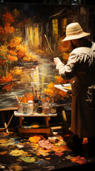 artist painting on canvas in autumn outdoors