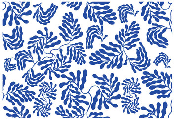 Fototapeta na wymiar Seamless abstract blue leaves pattern. Print made inspired by the Matisse style. Contemporary art. Flat vector illustration isolated on transparent background.
