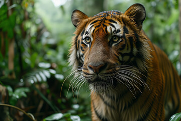Fototapeta premium Wild Tiger in the Natural Asian and Indian Jungle, Lurking in the Foliage for Prey to Hunt