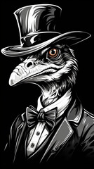 Elegant Velociraptor in Top Hat and Bow Tie Illustration

