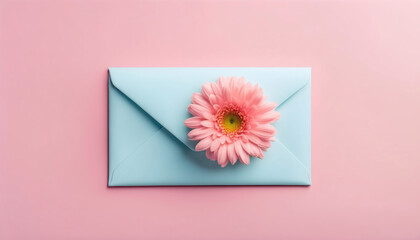 Pastellfarbener Briefumschlag mit Blume auf pastellfarbenem Hintergrund - obrazy, fototapety, plakaty