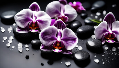 Spa Konzept -  Violette Orchideen mit Basaltsteinen auf dunklem Hintergrund