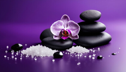 Spa Konzept -  Violette Orchideen mit Basaltsteinen auf violettem Hintergrund