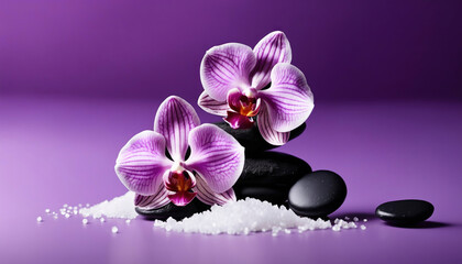 Spa Konzept -  Violette Orchideen mit Basaltsteinen auf violettem Hintergrund
