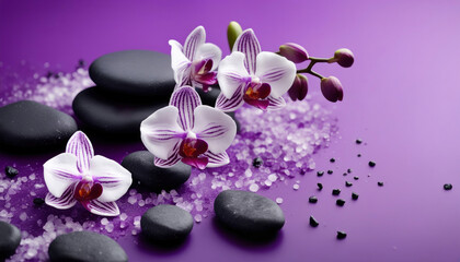 Fototapeta na wymiar Spa Konzept - Violette Orchideen mit Basaltsteinen auf violettem Hintergrund