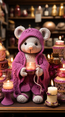 Fototapeta premium Handmade Crochet Teddy Bear in Mouse Costume with Candles