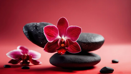 Spa Konzept -  Rote Orchideen mit Basaltsteinen auf rotem Hintergrund