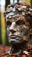 Abstract Wooden Block Sculpture of Human Face in Forest

