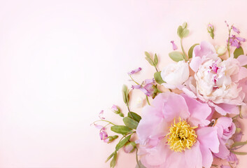 Summer blossoming delicate peony composition, blooming flowers festive background, pastel and soft bouquet floral card