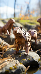 Handcrafted Wooden Bear Figurine in a Natural Outdoor Setting

