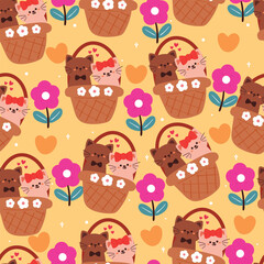 seamless pattern cartoon cat couple inside a basket. cute animal drawing for valentine wallpaper and background