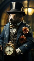 An Anthropomorphic Beaver in Victorian Attire Holding a clock

