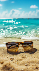 Fototapeta na wymiar Sunglasses on a beautiful beach with a blue ocean.