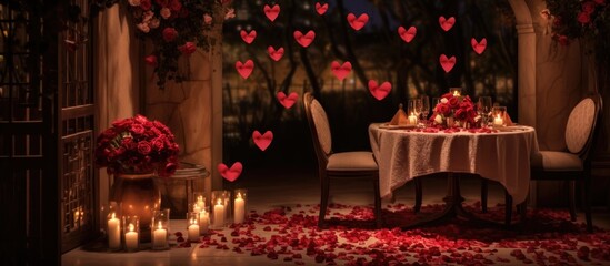 Romantic restaurant date with luxurious candlelight setup for Valentine's Day. Location decorated with an arch, wall, and photo zone flowers for a surprise marriage proposal.