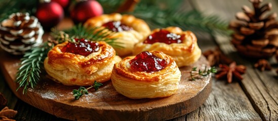 Cheese and jam puff pastry wheels, Christmas appetizers on a wooden board. - obrazy, fototapety, plakaty