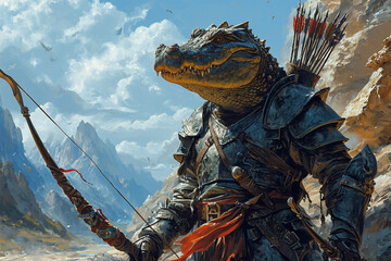 illustration of a crocodile soldier carrying an arrow - obrazy, fototapety, plakaty