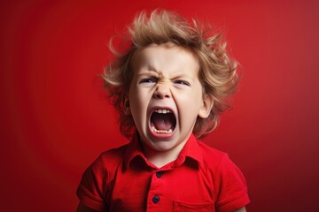 Upset boy in yellow t shirt screaming and crying with opened mouth and closed eyes against