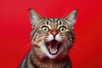Naklejka na ściany i meble Upset cat, kitten screaming and crying with opened mouth. fluffy home pet is angry and swears on a red background.