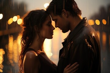 portrait of a caucasian young loving couple embracing while standing on a roadside. Couple embracing road travel