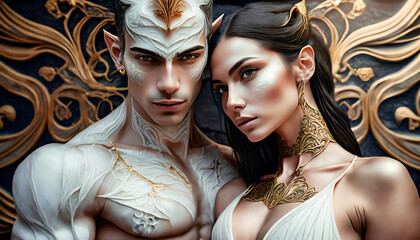 Male and female elf couple in fantasy style - obrazy, fototapety, plakaty