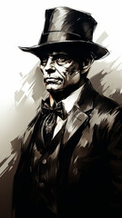 Monochrome Illustration of a Gentleman in Vintage Attire

