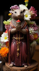 Anthropomorphic Mouse Figurine in Traditional Attire Holding a Candle

